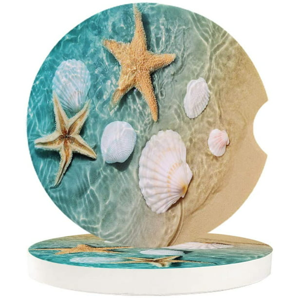 Absorbent Car Coasters for Cup Holders Fresh Beach Sand Starfish Shell Natural Coastal Set of 2 Pack Small 2.56inch Ceramic Stone Drink Coaster for Women Men 